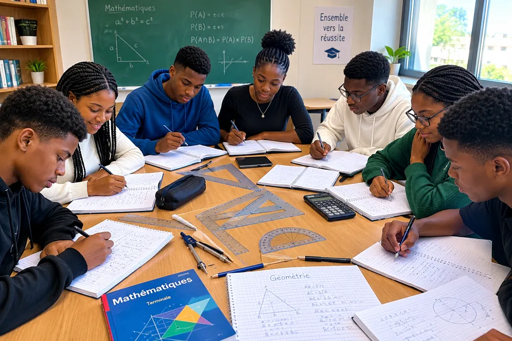 Des élèves réunis autour d'une table avec leurs cahiers et leurs instruments de géométrie, devant un tableau de mathématiques